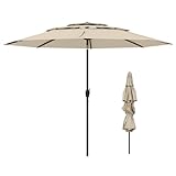 TANGZON 3M Garden Parasol with 3-Tier Vented Canopy, Polyester Fabric, Tilt & Crank System, 8 Ribs, UV Protection, Windproof Patio Umbrella for Garden, Decking, Poolside, Beige