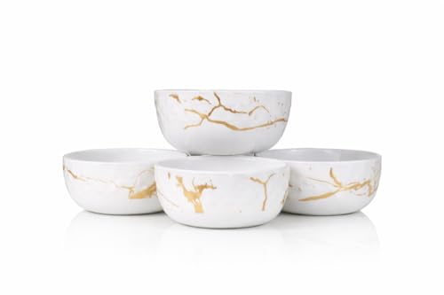 Image of Ariya 4.5 Inch Melamine Soup Bowls Set of 4 (350 ml) | White /Gold | Serving Bowls for Soup, Salad, Noodles, Pasta, Oatmeal | Durable & Stylish Dinnerware for Daily & Special Use