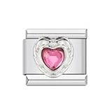 Mon & Sons Love Heart Pink Ruby Month Birth Year Birthday Stone Anniversary Birthstone Crystal Silver Italian 9mm Link Stainless Steel Bracelet Charm Compatible With 9mm Link
