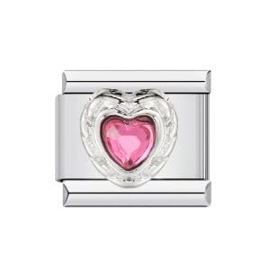 Pulsera de acero inoxidable con diseño de corazón y rubí rosa, para cumpleaños, cumpleaños, aniversario, piedra natal, plata italiana, 9 mm, compatible con nomination