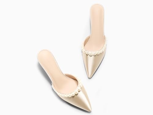 Image of Coutgo Womens Pearl Kitten Heels Closed Pointed Toe Wedding Bride Dress Shoes Ankle Strap Satin Pumps