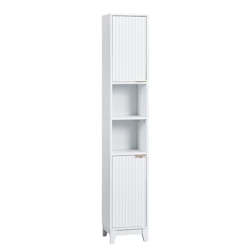 VINGLI White Fluted Tall Narrow Bathroom Cabinet, 67' Slim Freestanding Storage Cabinet for Small Spaces, Wood Linen Tower Floor Cabinet with 2 Doors, Open Shelves & Soft-Close Hinges