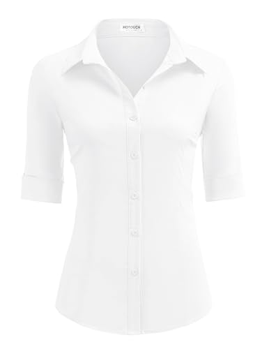 HOTOUCH White Button Down Shirt Women Stretch Button Up Shirts 3/4 Sleeve Dress Shirt for Waitress (White L)