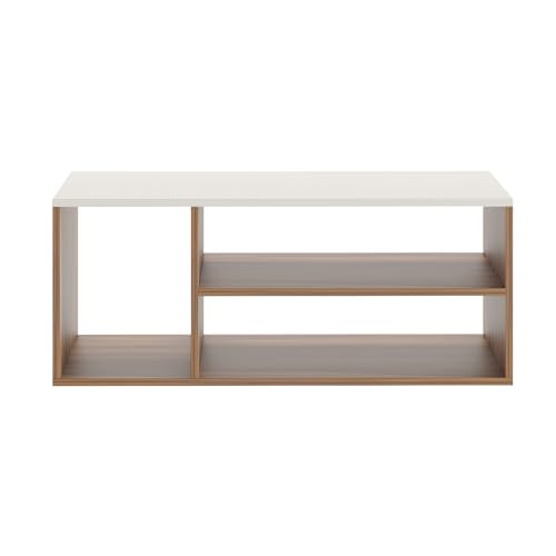 Image of FURNEASER Medina Modern Engineered Wood Coffee Table with Open Storage Shelves | Wooden Center Table for Living Room, Sofa Area & Lounge | Multipurpose Tea Table with Storage (Exotic Teak & White)