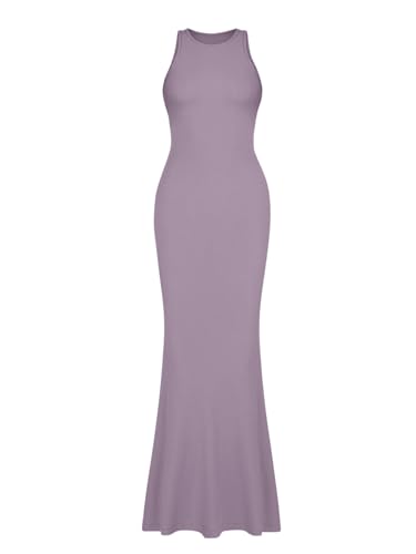 REORIA Women's Sexy Casual Lounge Slip Long Dress Elegant Wedding Guest Sleeveless Backless Ribbed Bodycon Maxi Dresses Hazy Lilac Large - Thumbnail 4