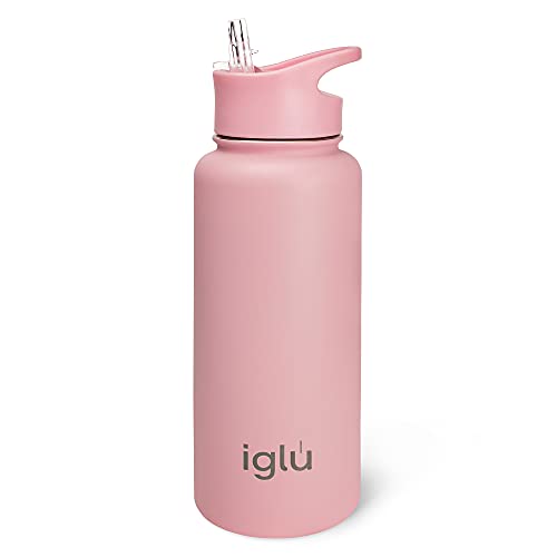 Iglu Reusable Water Bottles Premium Double Walled Stainless Steel 1 Litre Vacuum Insulated Bottle Leakproof Straw Lid Sweatproof BPA Free Great His Her Eco Gift Himalayan Pink 1L