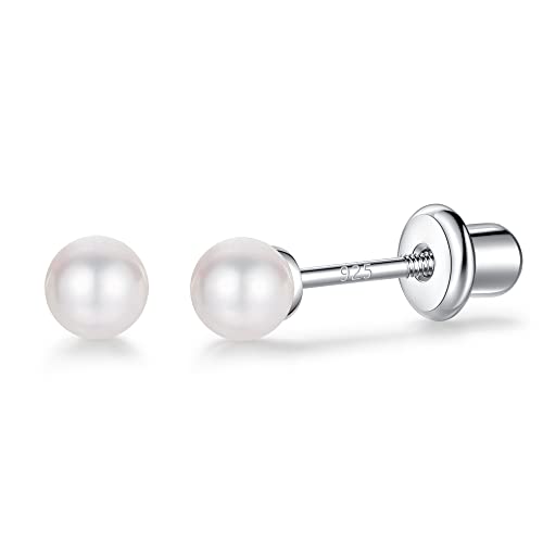 925 Sterling Silver Small Pearl Earrings with safety backs in 4mm White Simulated Pearl Hypoallergenic Screwback Earrings for Women (pearl-w4mm)