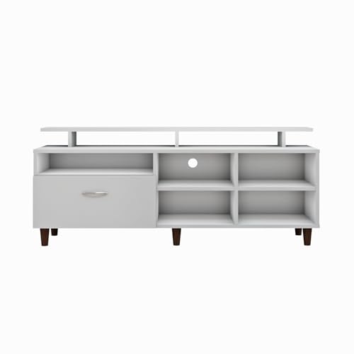 Image of VIKI Modern TV Unit for Living Room | Engineered Wood TV Cabinet with 1 Drawer Storage, 2 Open Shelves & Extension, Entertainment Unit, 140W x 48H x 40D cm | DIY | 1 Year Warranty (White)