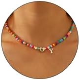 Bunte Perlenkette für Frauen Mädchen Buchstaben Kette Herz Anhänger Schmuck | Initialen Handgefertigt Boho Choker Personalisierte Geburtstagsgeschenk Geschenke für Damen Kinder Tee