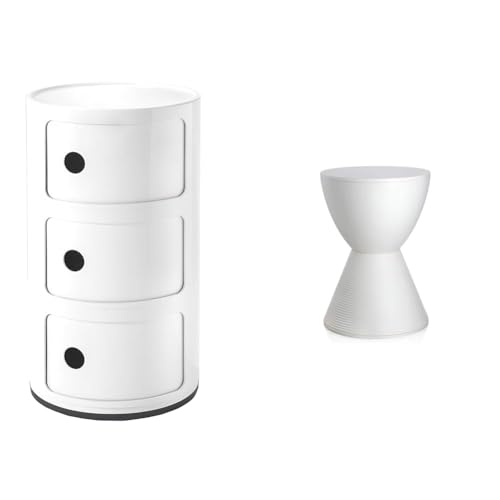 Kartell Componibili Contenitore 3 Elementi, ABS, Base Tonda, Bianco, 32 x 32 x 58.5 cm & Prince Aha Sgabello, Bianco Cera, 30 x 30 x 43 cm