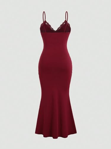 Image of SKAYS Women's Cocktail Dress Maxi Lace Trim Bodycon Long Slip V Neck Ruched Spaghetti Strap Party Dress Backless Gown