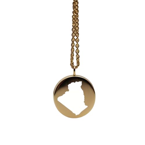 WORLD WIDE GEMS Pendentif WWG en argent sterling plaqué or 14 carats, forme ronde de 24 mm et épaisseur de 1,5 mm, motif carte de l'Algérie | WWG_MAP_LB303
