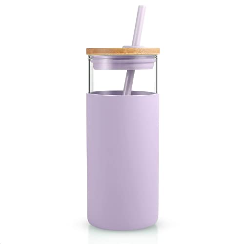 Image of Tronco 20 oz Glass Tumbler with Lid and Straw, Iced Coffee Cup and Smoothie Cup with Bamboo Lids & Protective Silicone Sleeve, Dishwasher Safe, BPA-Free, Glass Cup 2 Pack