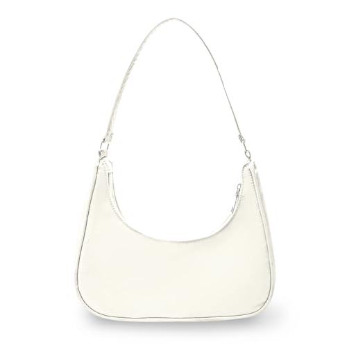 Crescent Bag, Nylon Dumpling Bag with Zipper Mini Handbag for women, Fashionable Luna Bag for Shopping, Dating (White)