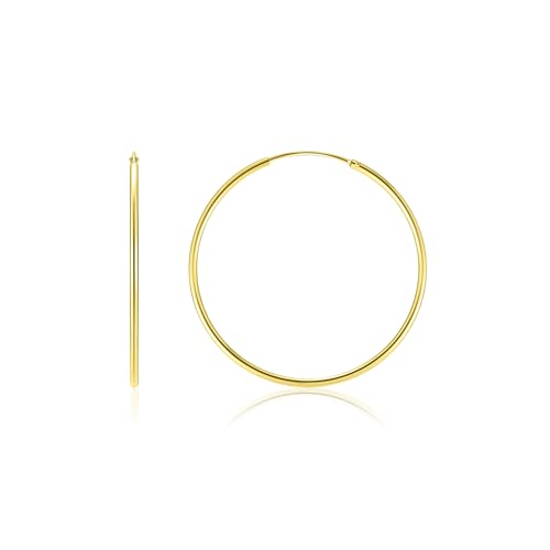 14 Karat Gold Hoop Earrings, 14K Gold Hoop Earrings for Women, Dainty Gold Vermeil Endless Thin Hoops, 14K Gold Plated 925 Sterling Silver, 35/45/55mm