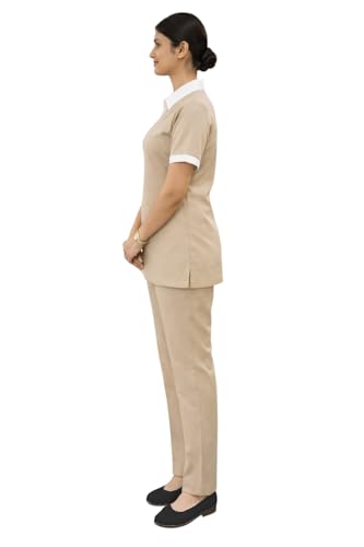 Image of UNIFORM CRAFT Women Executive Uniform Set - Top & Pant with White Collar | Formal Office Wear | Hospitality & Corporate Staff Uniform - Beige - XL
