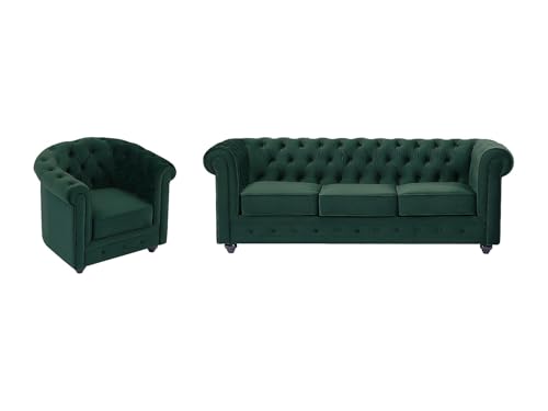 Vente-unique - Sofa 3-Sitzer & Sessel - Samt - Grün - Chesterfield