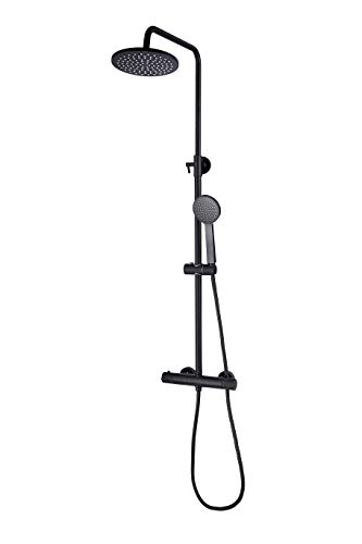 SCHWÄNLEIN Duschsystem Schwarz matt mit Thermostat Regendusche Duschset Duscharmatur Duschsäule (Schwarz)