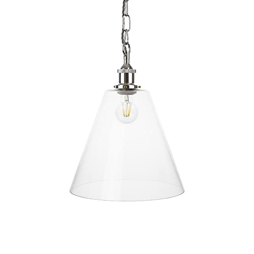 Forster Clear Cone Glass Pendant Light with Nickel Lampholder and Chain with Grey Twisted Cable