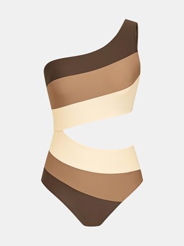 Image of CUPSHE Women One Piece Swimsuit One Shoulder Bathing Suit Cutout Monokini | Removable Soft Cups, Color Block, Classic Bum Coverage, Swim Suit For Beach Vacation Cruise Pool Party