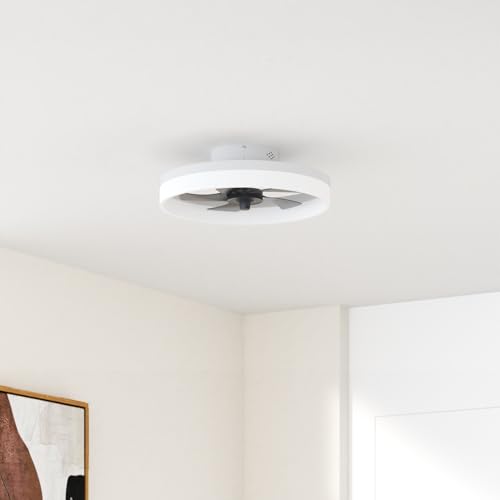 Ceiling Fans with Lights and Remote, LED Dimmable 3 Colour 6 Speeds Reversible Fan Light, Modern Fan Lights Ceiling for Bedroom, Flush Mount Low Profile Ceiling Fan Light White 50CM