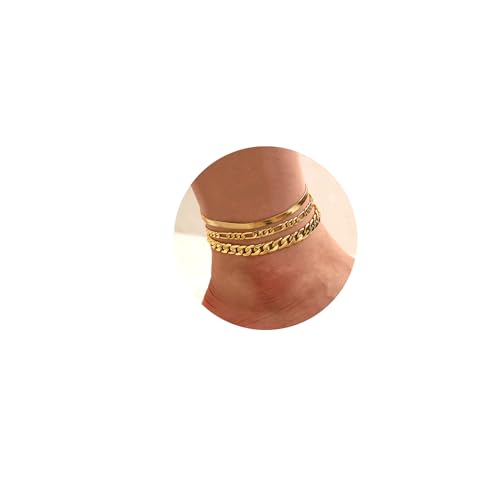 Image of 14K Gold Anklets for Women Waterproof Rhinestone Ankle Bracelet Layered Cuban Link Chain Diamond Anklet Beach Jewelry for Women (GOLD- Anklets-Style-C)