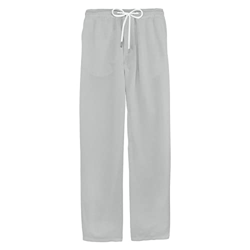 Maiyifu-GJ Men's Drawstring Linen Cotton Pants Lightweight Summer Beach Yoga Pant Elastic Waist Casual Loose Fit Trousers (Grey,Large)