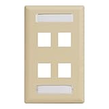 ICC Station ID Wall Plate with 4 Ports, Single Gang, UL Listed, ABS Plastic, Keystone Jack Compatible, Label Window with Clear Cover, Ivory