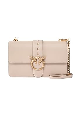 Pinko Love One Classic, Borsa a Tracolla in Pelle Beige con Chiusura a Patta, Dettaglio Uccelli Dorati, Divisorio Interno con Cerniera, Misure 27 x 16.5 x 7 cm.
