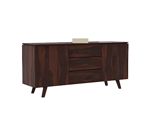 Image of Solid Sheesham Wood Wooden Sideboard Storage Cabinet & Chest of Drawer : Ideal for Living Room and Bedroom with 3 Drawers and 2-Shelf Storage(Hamlet, Walnut Finish)