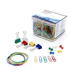 SIGMA Caja surtida para oficina, metal y plástico, colores surtidos, 150 clips de papel, 65 gomas elásticas, 20 pinzas reversibles y 100 chinchetas