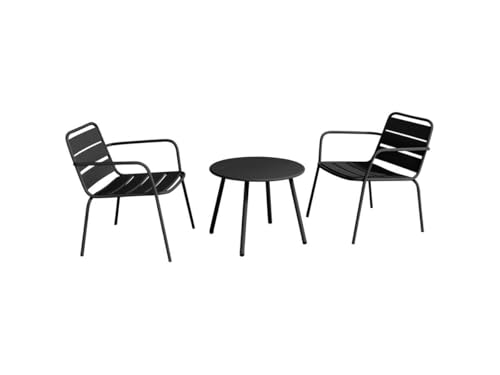 Vente-unique-Garten-Sitzgruppe: 2 niedrige, stapelbare Sessel + Beistelltisch rund - Metall - Schwarz - MIRMANDE von MYLIA