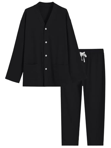 Latuza Men's Waffle Knit Pajamas Pants Set Button Up Long Sleeve Pj Set