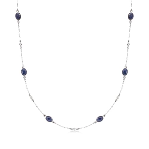 Ross-Simons 7.20 ct. t.w. Sapphire and .25 ct. t.w. Diamond Station Necklace in Sterling Silver