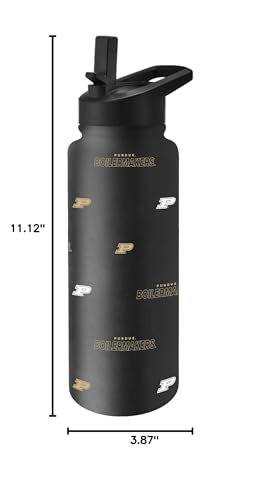 Image of Logo Brands NCAA Purdue Boilermakers Step & Repeat 34 oz Stainless Steel Quencher Bottle - All Over Logo Design, No-Spill Lid, Easy Carry Handle - Keeps Drinks Cold For Hours