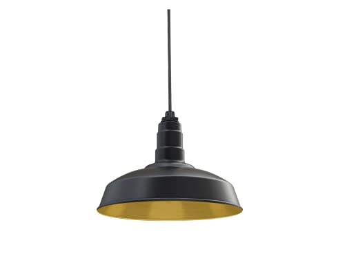 Image of Steel Lighting Co. Carson Barn Light | Ceiling Mounted Pendant | 16 inch Dome | Black Cord | Industrial Style Steel Light Made in America | Matte Black Exterior /Brass Interior