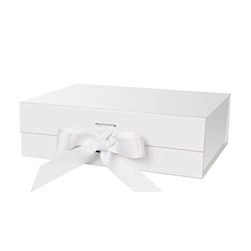 DaiJoob Gift Box with Lid for Presents 10.5x7.5x3.1 Inches with Ribbon and Magnetic Closure(1-Pack) (White)