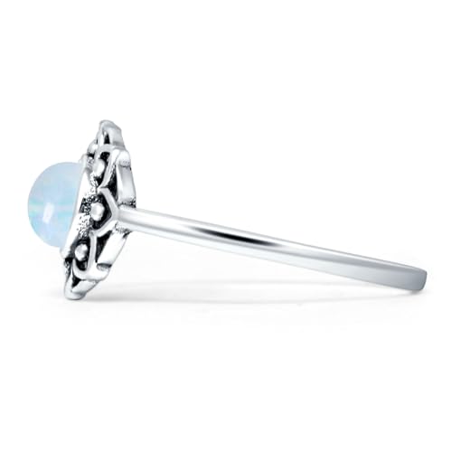 Blue Apple Co. Art Deco 10mm Round Lab Created Opal Floral Ring Oxidized Lotus Flower Mandala Ring Statement Wedding Engagement Boho Rings For Women 925 Sterling Silver2