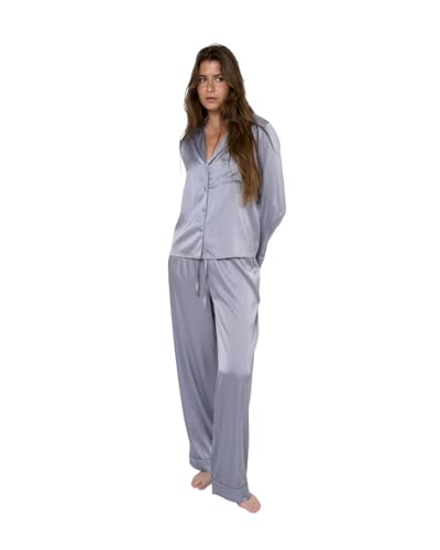 TRAMAS+ Pijama Mujer Satén, Pijama Mujer Largo, Conjunto de Manga Larga con Botones y pantalón con Cintura Elastica, Ropa de Dormir Cómoda - M, Indigo