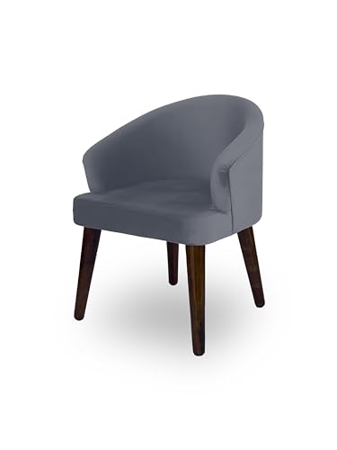 Image of DaneWood Wooden Upholstered Dining Chair | Single Accent Chair for Living /Drawing Room, Bedroom & Office | Upholstery Barrel Arm Chair with Velvet Fabric | Sheesham Wood Legs, Grey
