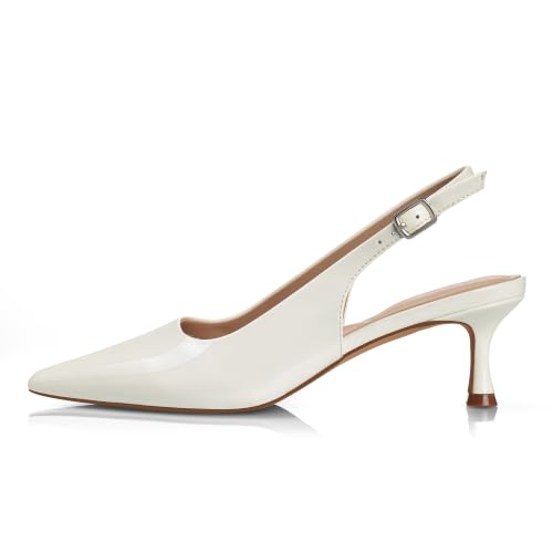 GENSHUO Kitten Heel Slingback Closed Pointed Toe Low Heels Pumps Women 2 Inch Short Strap Dressy Comfortable Wedding Dating Work Shoes White Patent Size 11 by GENSHUO - Used condition - Image 5
