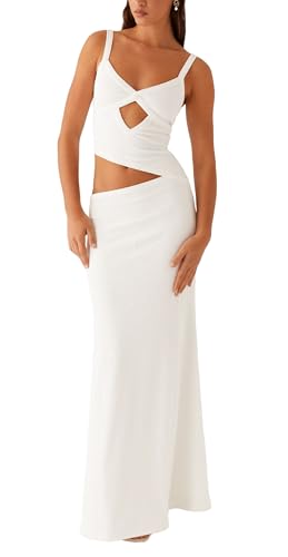 Image of NUFIWI Women Bodycon Spaghetti Strap Cutout Maxi Dress Hollow Sexy Fitted Dresses Sleeveless Stretch Slip Long Dress