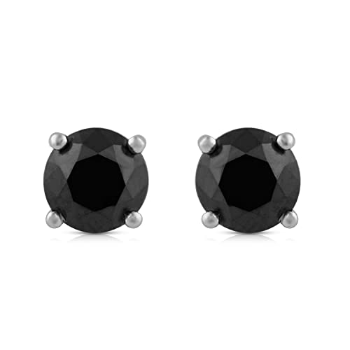 Jewelili 10K White Gold Stud Earrings with Black Round Diamonds 1/2, 3/4, 1.0, or 2 Cttw
