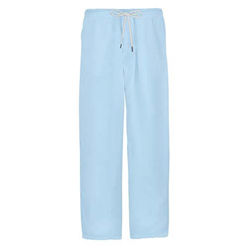 Men's Cotton Linen Drawstring Pants Casual Loose Straight Elastic Waist Trousers Lightweight Lacing Beach Pant