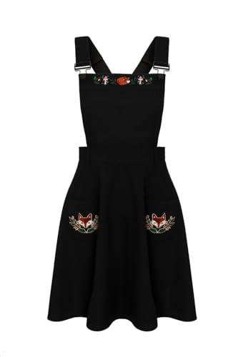 Hell Bunny Basil Robe Pinafore avec Poches Renard Broderie Vintage Style Rétro, Noir, M