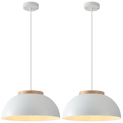 PINDODO White Pendant Light 2 Pack, 16" Large Pendant Lights Kitchen Island with Wooden Holder, Farmhouse Pendant Light Fixtures for Dining Room, Living Room, Bedroom, Entryway, Hallway, Bar, Sink