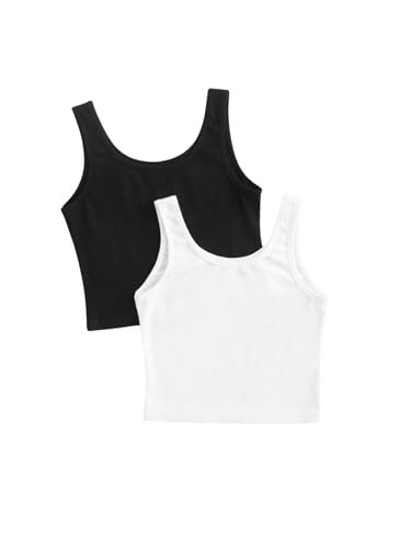 Image of Milumia Girl's 2 Pack Rib Knitted Tank Top Scoop Neck Sleeveless Basic Tops Black and White 12 Years