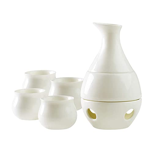 7 Pieces Sake Set, Traditional Ceramic JapanStyle Sake Serving Set, Includes 1 Sake Pot 220 ml, 4 Sake Cups, 1 Heating Stove and 1 Warming Bowl Cups