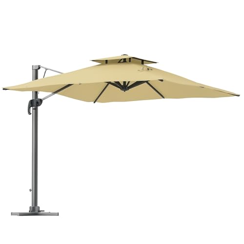 Outsunny Parasol déporté 3 m carré avec mécanisme hydraulique parasol de jardin rotatif à 360° 8 baleines toit à double base croisée mât en aluminium beige