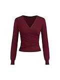 CIDER Wickelpullover für Damen, trendig, langärmelig, V-Ausschnitt, gekreuzte Vorderseite, gerüscht, gemütlicher Pullover, Wein, Klein